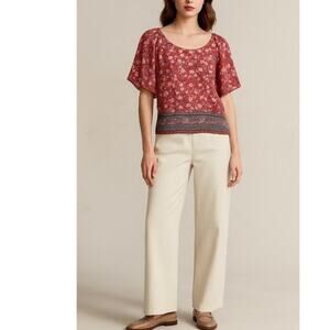 Lucky Brand Red Floral Boho Top with Front Opening Medium